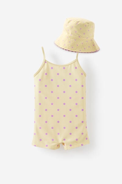 Girls Swim Playsuit & Reversible Bucket Hat Set, 